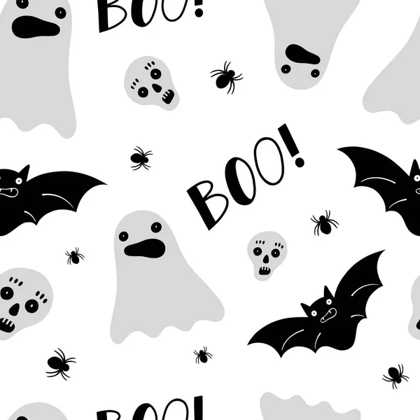 Zökkenőmentes Halloween Minta Szellemek Denevérek Koponyák Pókok Fehér Alapon — Stock Fotó