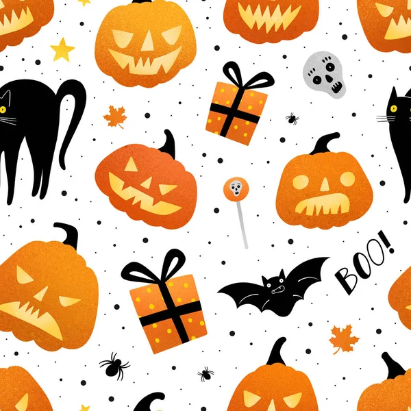 Halloween Naadloos Patroon Eindeloze Achtergrond Met Pompoenen Schedel Knuppel Hoed — Stockfoto