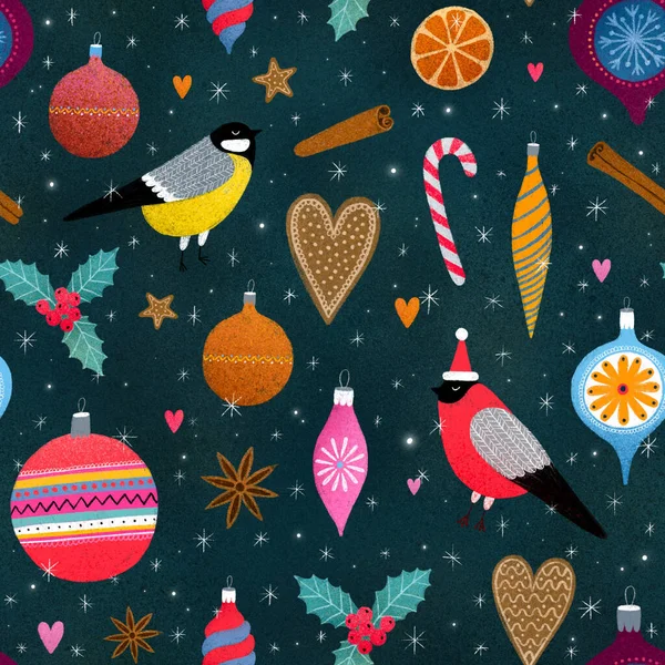 クリスマスの装飾や冬の鳥とシームレスなパターン — ストック写真