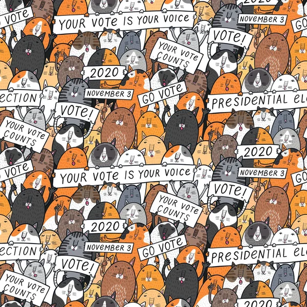 Seamless cartoon pattern with funny cats and posters about presidential election 2020