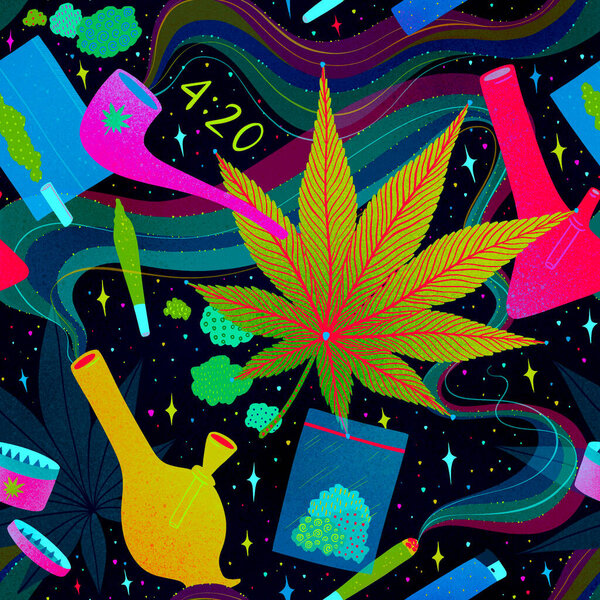 Seamless colourful marijuana pattern. Drug consumption, cannabis and smoking drugs. Fun illustration of smoking equipment.