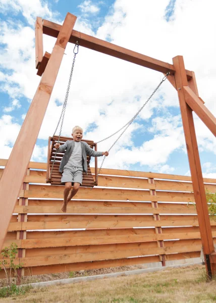 Little Boy Swinging Playground Swing Backyard Summer — Stock Photo, Image