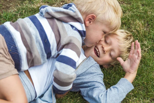 Two Brothers Have Fun Playing Green Lawn — Stock Photo, Image