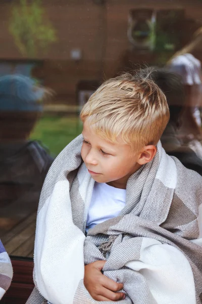 Boy Sitting Warm Cozy Plaid — Stock Photo, Image