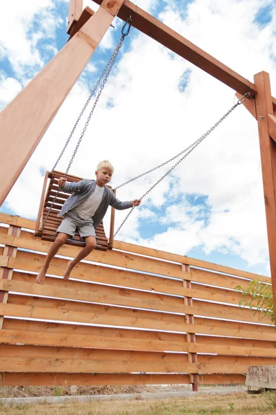 Little Boy Swinging Playground Swing Backyard Summer — Stock Photo, Image