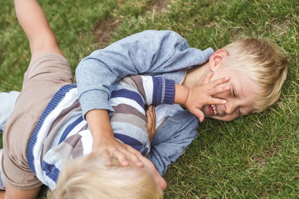 Two Brothers Have Fun Playing Green Lawn — Stock Photo, Image