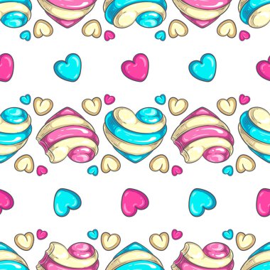 Kusursuz kalp şekilli şekerler. İkisi de sapasağlam ve bir lokma eksik. Sevgililer Günü için renkli vektör illüstrasyonu, doğum günü partisi, düğün, yemek festivalleri ve diğer tasarımlar