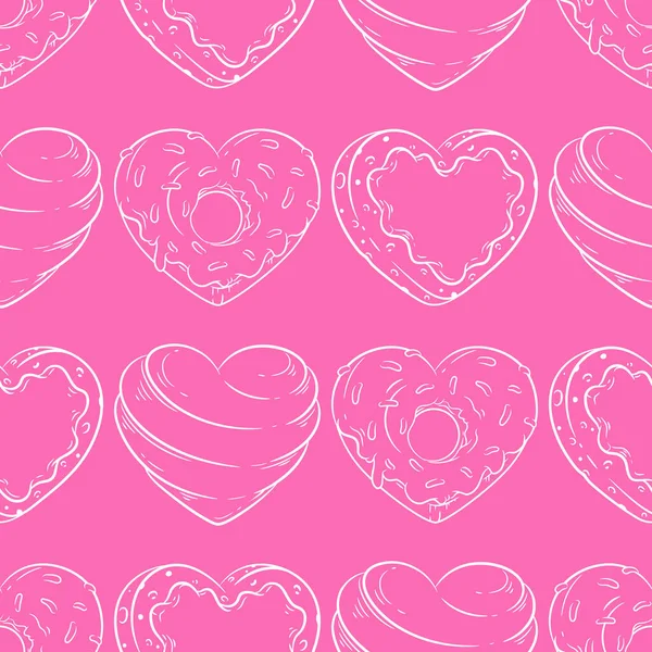 Coeur Forme Donut Bonbons Cookie Ligne Art Vecteur Motif Sans — Image vectorielle