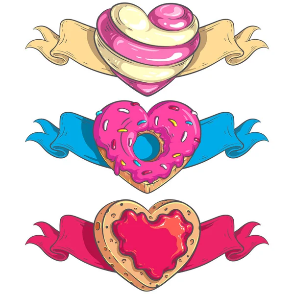 Coeur Forme Bonbons Beignet Cookie Avec Des Rubans Vectoriel Illustration — Image vectorielle