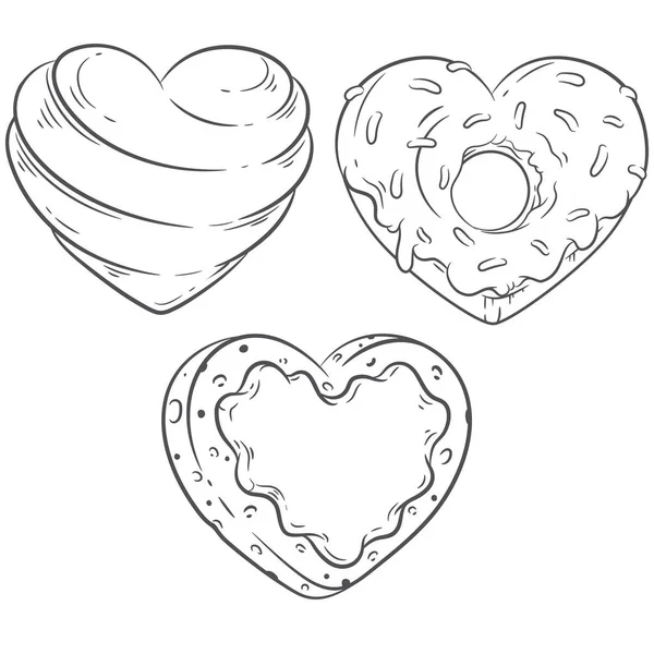 Set Illustrazioni Vettoriali Forma Cuore Caramelle Ciambelle Biscotti Disegno Pagina — Vettoriale Stock