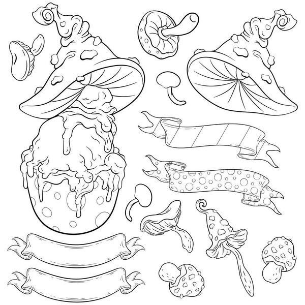 Line art set of stylized dessert in fly agaric hat, isolated hat, poison mushrooms and ribbons. Vector illustrations for your Halloween, costume party and other designs. Coloring book page.