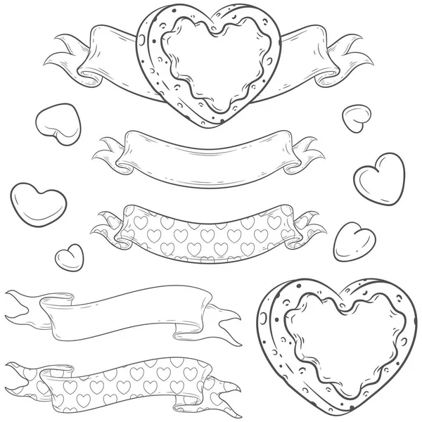 ハート型のクッキー ハート型のリボンと小さなハートのラインアートセット バレンタインデー フードフェスティバル その他のパーティーデザインのための甘い心のベクトルイラスト — ストックベクタ