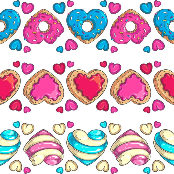 ハート型のドーナツ キャンディー クッキーの境界線とブラシ バレンタインデー 誕生日パーティー 結婚式 食品や他のデザインのためのカラフルなベクトルイラスト — ストックベクタ