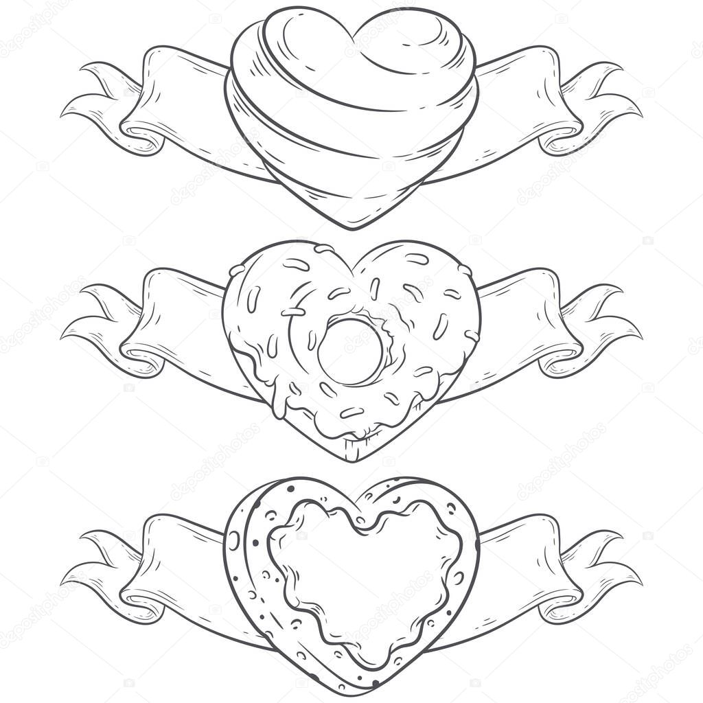 Heart Shaped Candy, Donut and Cookie with Ribbons vector line art illustration set. Coloring book page design. Valentine's Day design set. Vintage style menu decoration. Vector borders set