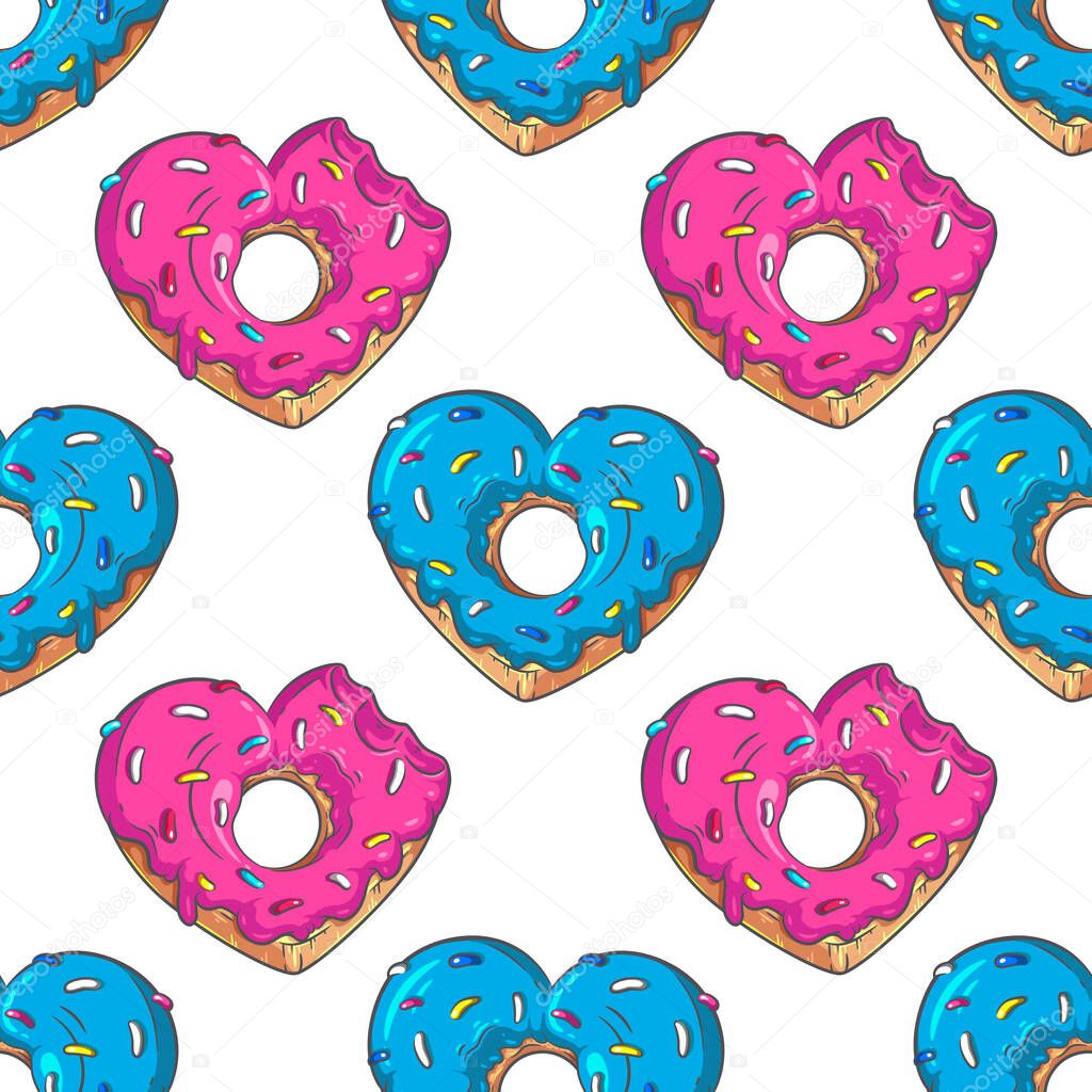 Seamless pattern of heart shaped donuts both intact and missing a bite. Colorful vector illustration for Valentine Day, birthdsy party, wedding, food fests and other designs 