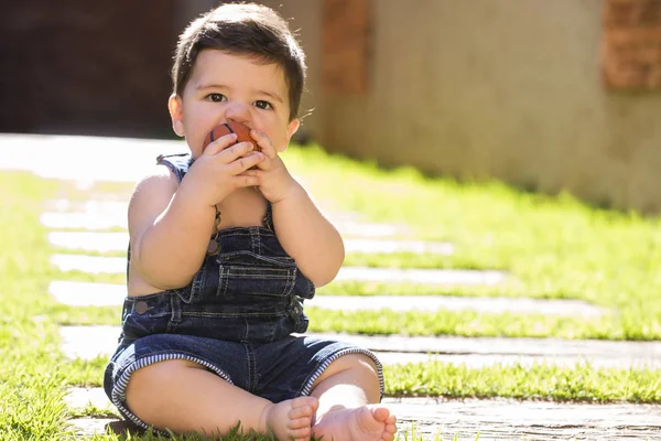 Little Boy Sitting Grass Looking Camera Outdoor Portrait Brazilian Baby — Stock Photo, Image