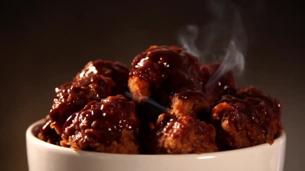 Rotation Bucket Full Crispy Kentucky Fried Chicken Smoke Brown Background — Stock Video