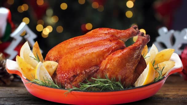 Christmas Turkey Dinner Served Front Christmas Tree — Stock Video