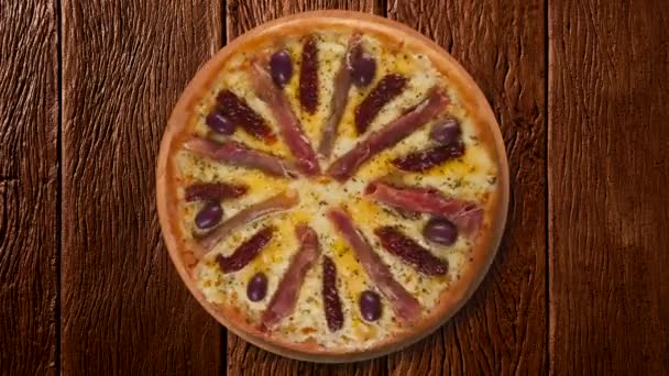 Stop Motion Pizzas Spinning Rustic Wooden Table — Stock Video