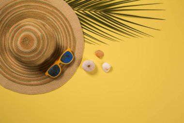 Yaz tatil kavramı düz yatıyordu. Plaj aksesuarları en iyi manzarası. Metin için yer. seyahat.