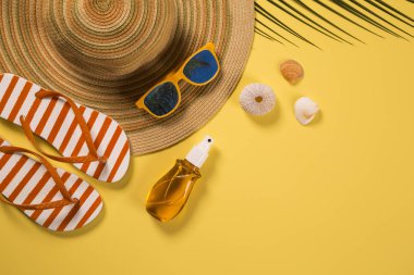 Yaz tatil kavramı düz yatıyordu. Plaj aksesuarları en iyi manzarası. Metin için yer. seyahat.