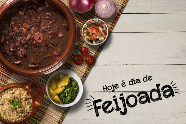 Comida Feijoada Brasileira Escrito Hoje Dia Feijoada Português Vista Superior — Fotografia de Stock