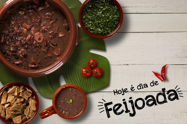 Comida Feijoada Brasileira Escrito Hoje Dia Feijoada Português Vista Superior — Fotografia de Stock