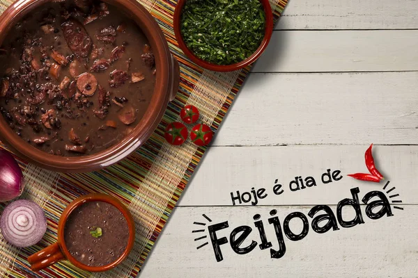 Comida Feijoada Brasileira Escrito Hoje Dia Feijoada Português Vista Superior — Fotografia de Stock