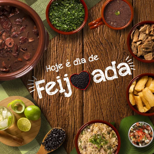 Бразильський Feijoada Їжі Письмові Сьогодні Feijoada День Португальськи Вид Зверху — стокове фото