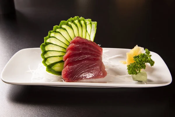 Sashimi Tuna White Plate Black Background — Stock Photo, Image