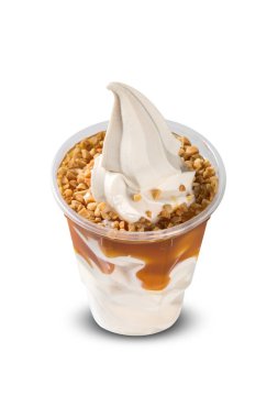 Dondurma dondurma Kupası beyaz zemin üzerine karamel şurup. Dondurma.