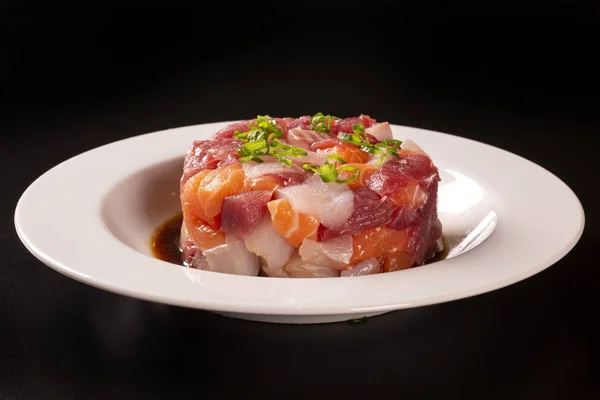 Delicious Tartare Fresh Mediterranean Tuna Salmon White Fish Seasoned Extra — Stock Photo, Image