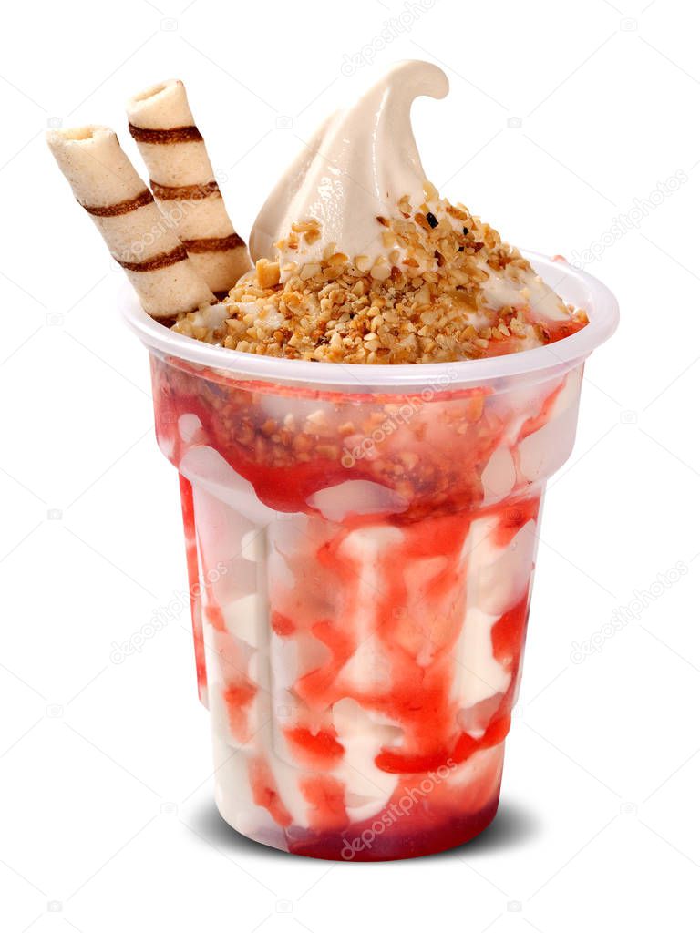 Strawberry Sundae ice cream with strawberry syrup in cup on white background. Ice Cream