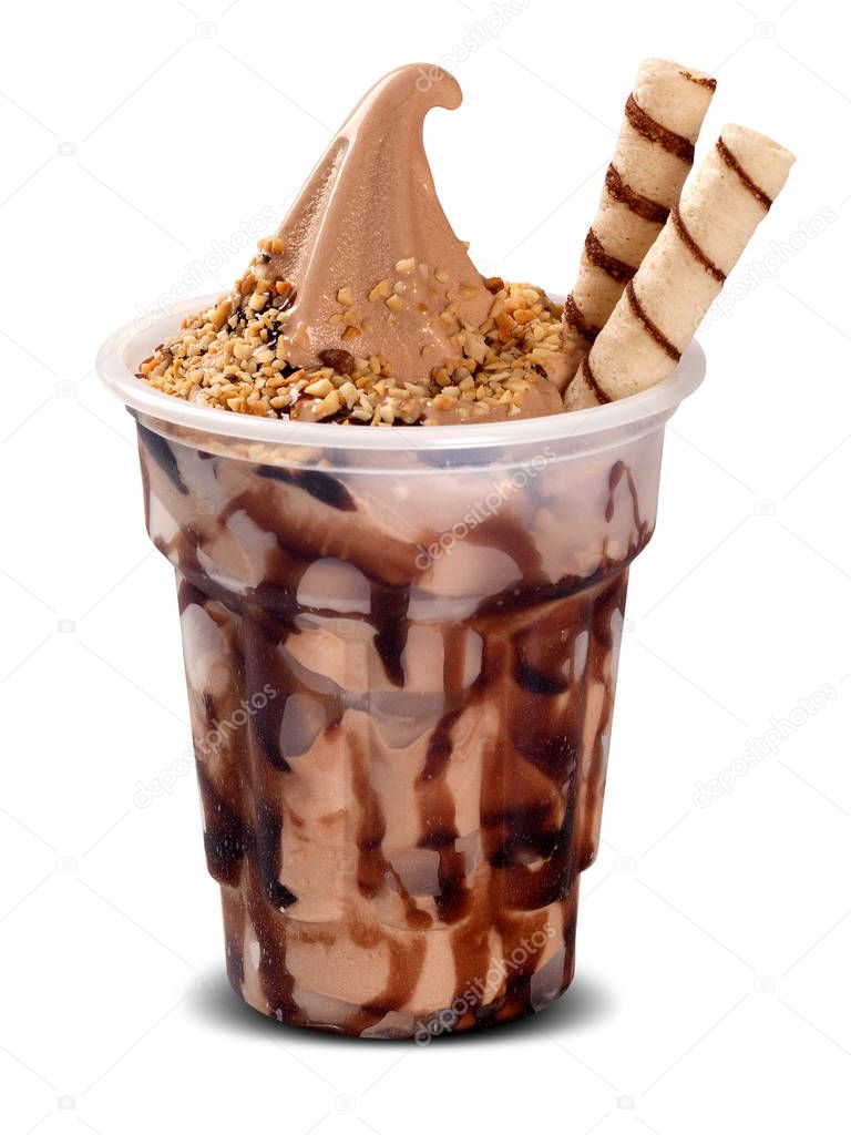 Chocolate Sundae ice cream with chocolate syrup in cup on white background. Ice Cream
