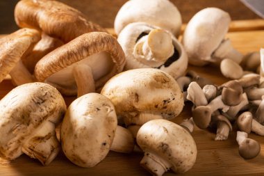 Ahşap bir masa üzerinde mantar çeşitli