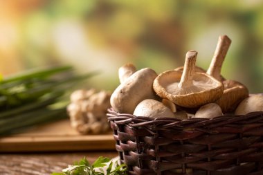 Ahşap Arka Plan Üzerinde Paris veya champignon ve Shitake Mantar 