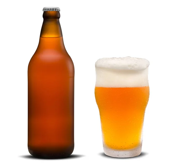 Glass of beer and Brown bottle isolated on a white background. — Stock Photo, Image