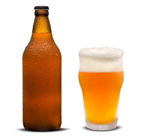 Glass of beer and Brown bottle with drops isolated on a white background — Stock Fotó