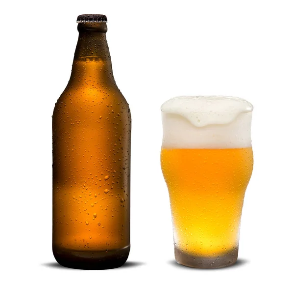 Glass of beer and Brown bottle with drops isolated on a white background. — 스톡 사진