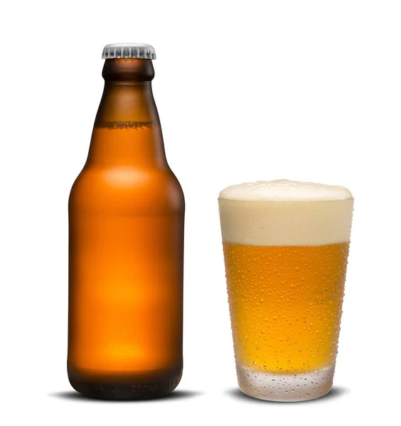 Glass Beer Brown Bottle Isolated White Background — Stock Photo, Image