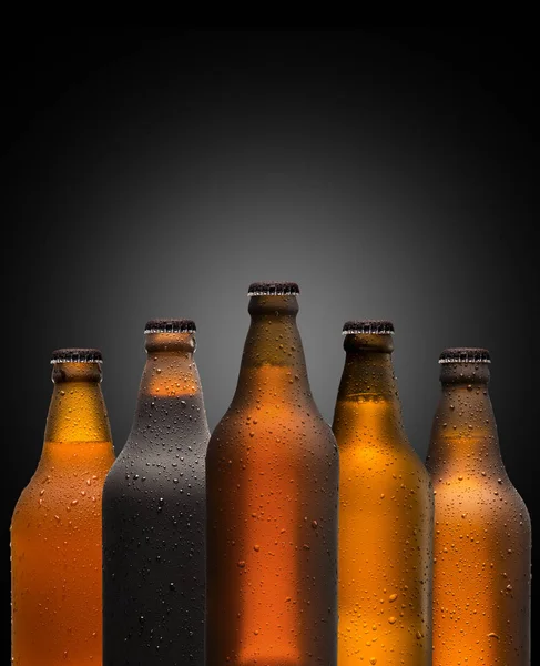 Concepto de branding y marketing para la cerveza con una línea de botellas marrones en blanco sin etiquetar y sin abrir sobre un fondo oscuro y sombrío conceptual de Oktoberfest o vida nocturna . —  Fotos de Stock