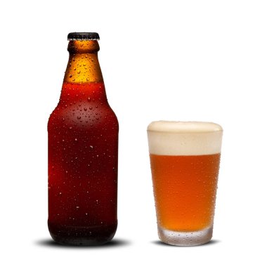 300ml beer bottles and glass beer with drops on white background.