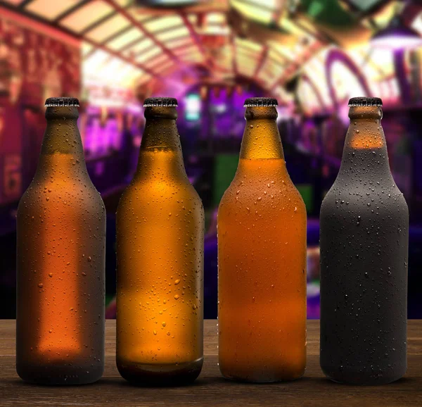 Branding and marketing concept for beer with a line of unopened unlabelled full blank brown bottles on a pub background conceptual of Oktoberfest or nightlife.
