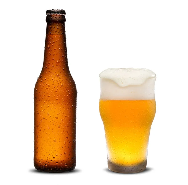 300ml beer bottles and glass beer with drops on white background.