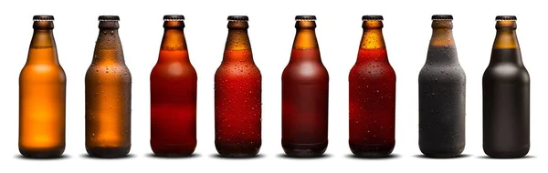 300ml beer bottles with drops and dries on white background. Pilsen, porter, ipa and weiss. — Stock Photo, Image