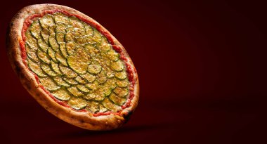 Kabak ve peynirli Brezilya pizzası. Kırmızı arkaplanda yan görüş, yakın çekim. Geleneksel Brezilya Pizzası