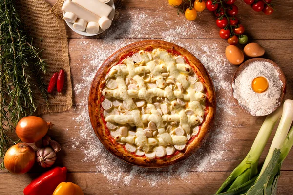 Pálma Szív Krémsajt Pizza Top Kilátás Háttér Közelről Hagyományos Brazil — Stock Fotó