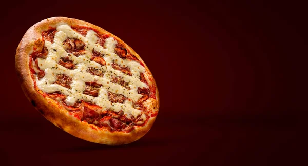 Pizza Pepperoni Red Background Close Copy Space Traditional Brazilian Pizza — Stock Photo, Image