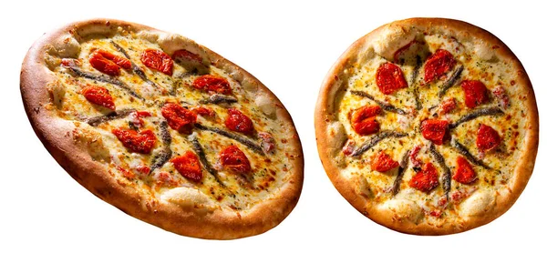白を基調にしたピザアンチョビとドライトマト トップビュー 閉じます ブラジルの伝統的なピザ ロイヤリティフリーのストック写真