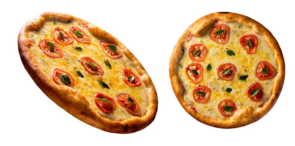 白い背景にピザMargherita トップビュー トマトとピザマルガリータ バジルとモッツァレラチーズを閉じます ブラジルの伝統的なピザ ロイヤリティフリーのストック画像